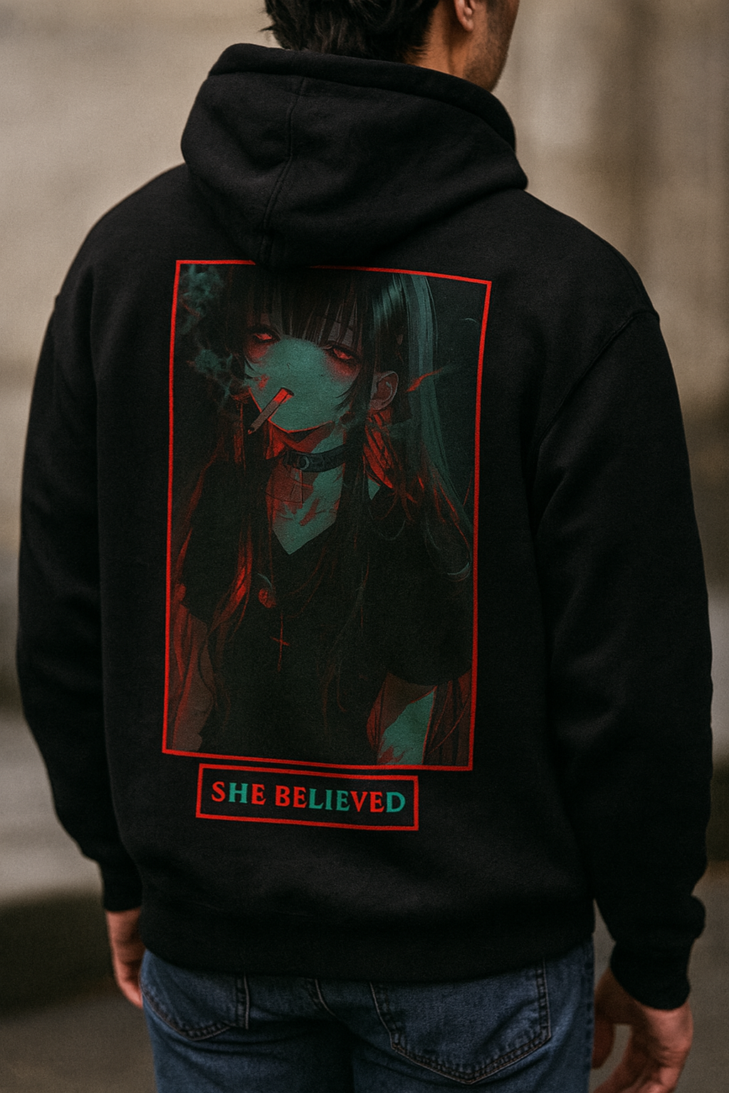 She Believed He Lied Gothic Hoodie - Red Anime Art | AkumaCanvas