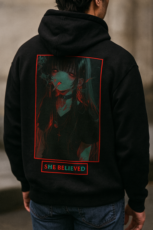 She Believed He Lied Gothic Hoodie - Red Anime Art | AkumaCanvas